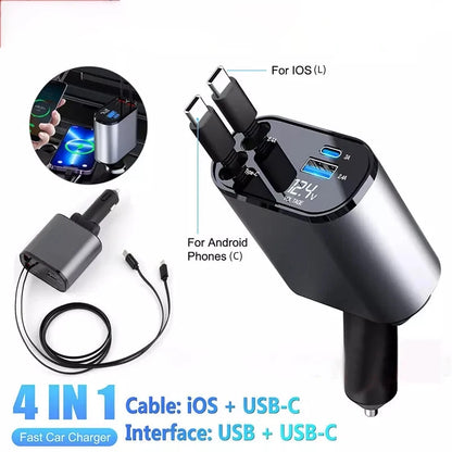 VoltRush™ 4-in-1 Retractable Car Charger – Fast Power, Zero Clutter
