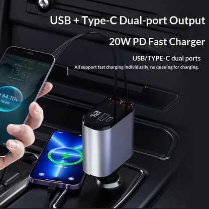 VoltRush™ 4-in-1 Retractable Car Charger – Fast Power, Zero Clutter