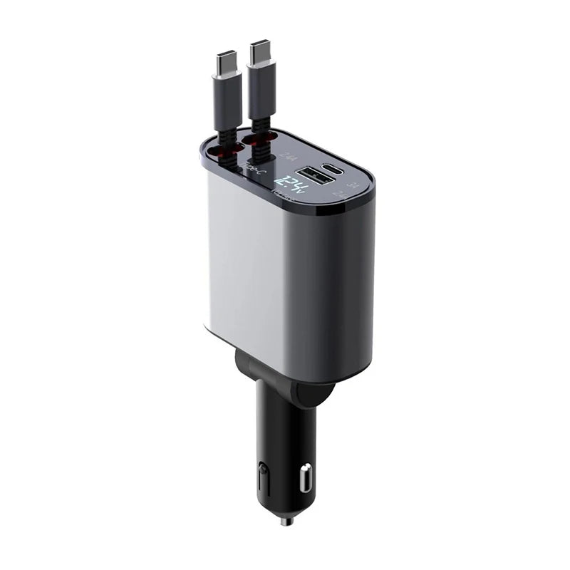 VoltRush™ 4-in-1 Retractable Car Charger – Fast Power, Zero Clutter