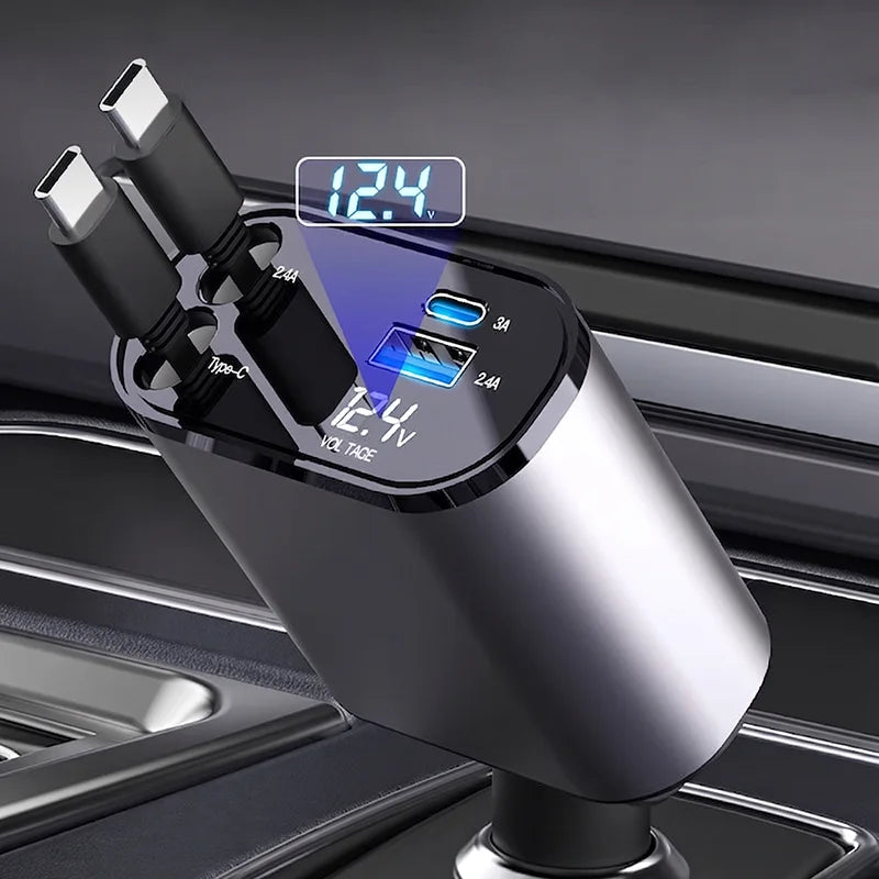 VoltRush™ 4-in-1 Retractable Car Charger – Fast Power, Zero Clutter