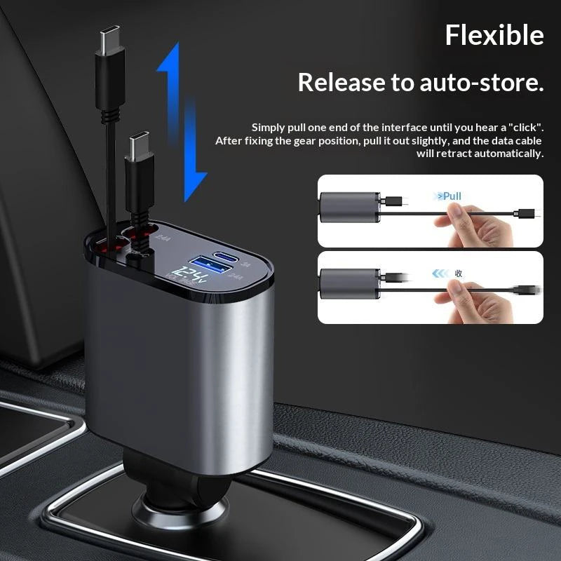 VoltRush™ 4-in-1 Retractable Car Charger – Fast Power, Zero Clutter